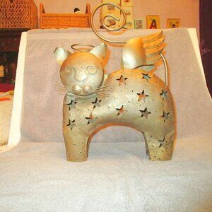 17" Metal ANGEL Fairy CAT Candle HOLDER Folk Art WINGS Fantasy STARS Sculpture